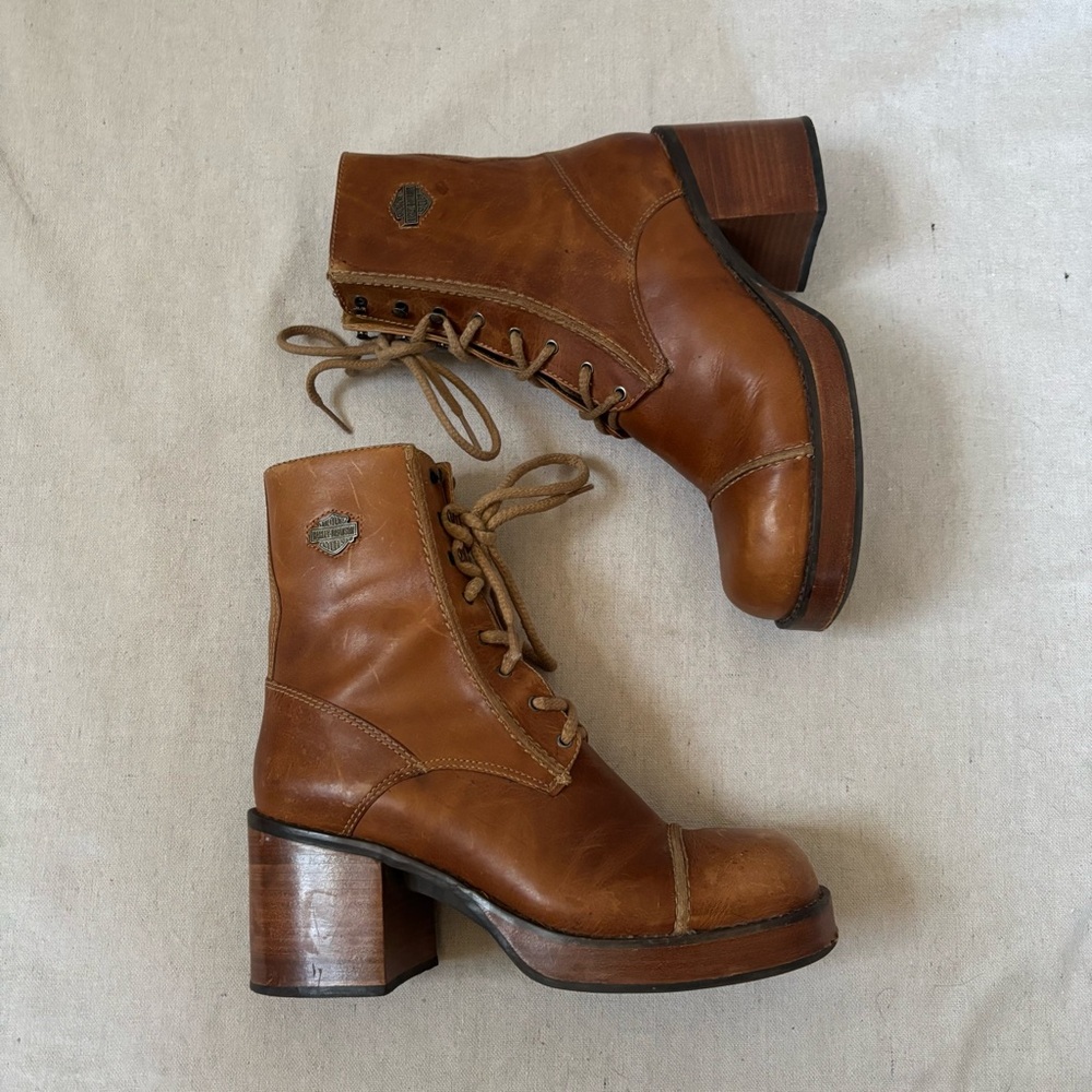 Vintage Harley Davidson Brown Leather Boots Chunky Heel Platform Wooden size 9 - Picture 3 of 9